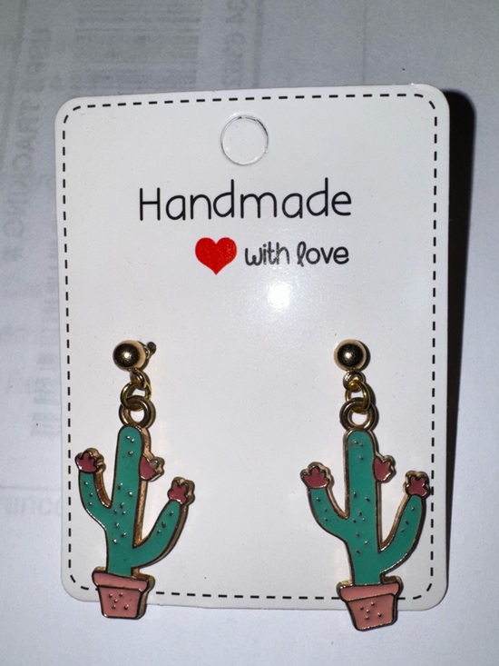 Handmade Jewelry - Handmade Cactus Dangle Earrings - Green, Brown & Pink gold tone - NEW